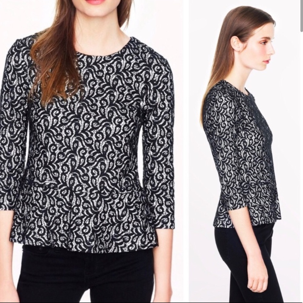 J Crew Fitted Black & Cream Lace Peplum Top XXS